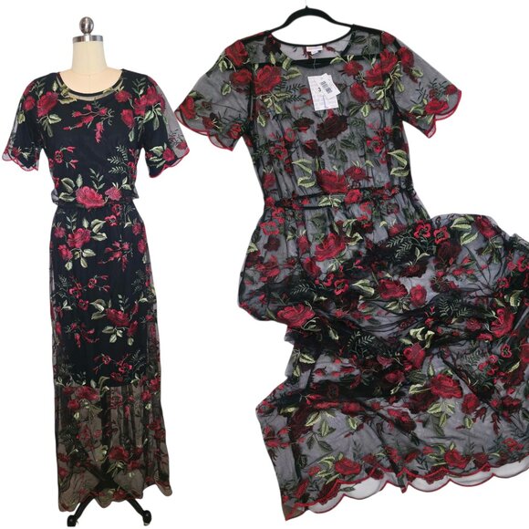 LuLaRoe Deanne II Layering Dress Large Black Mesh Red Rose Embroidery Maxi - Picture 1 of 11